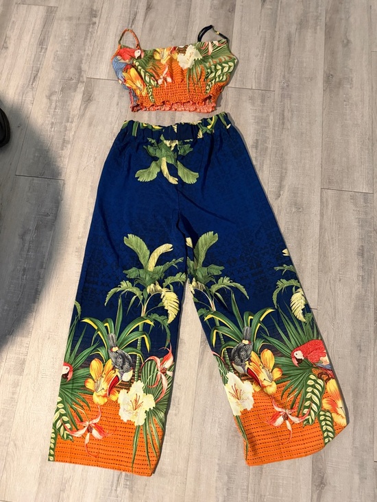 Pants - Tropical Print Wide-Leg Pants - Blue & Orange